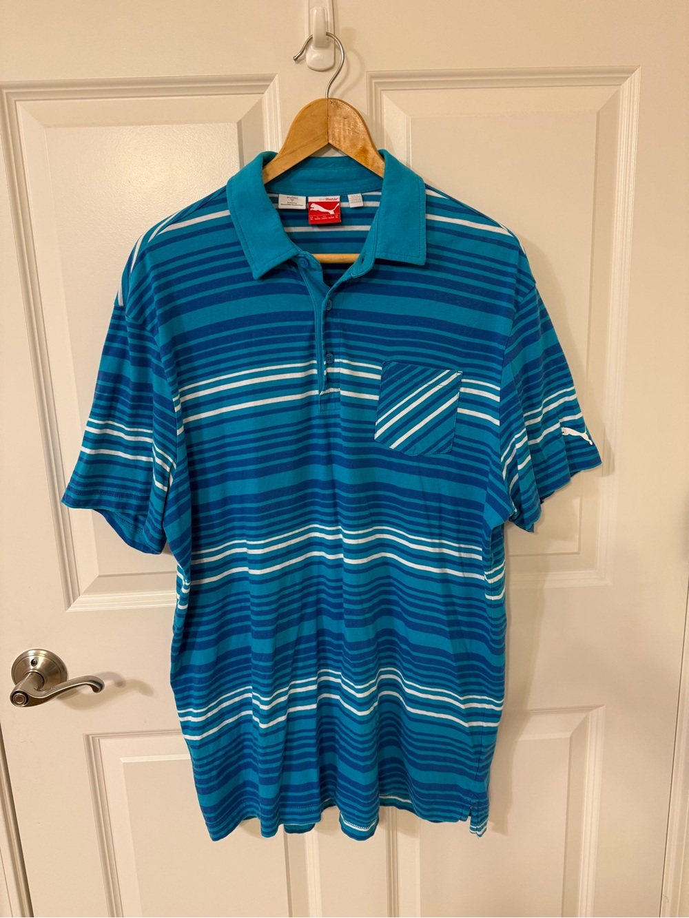Puma Y2K Men’s Sport Lifestyle Polo XL Blue White Stripe Dry Cell Vintage EUC